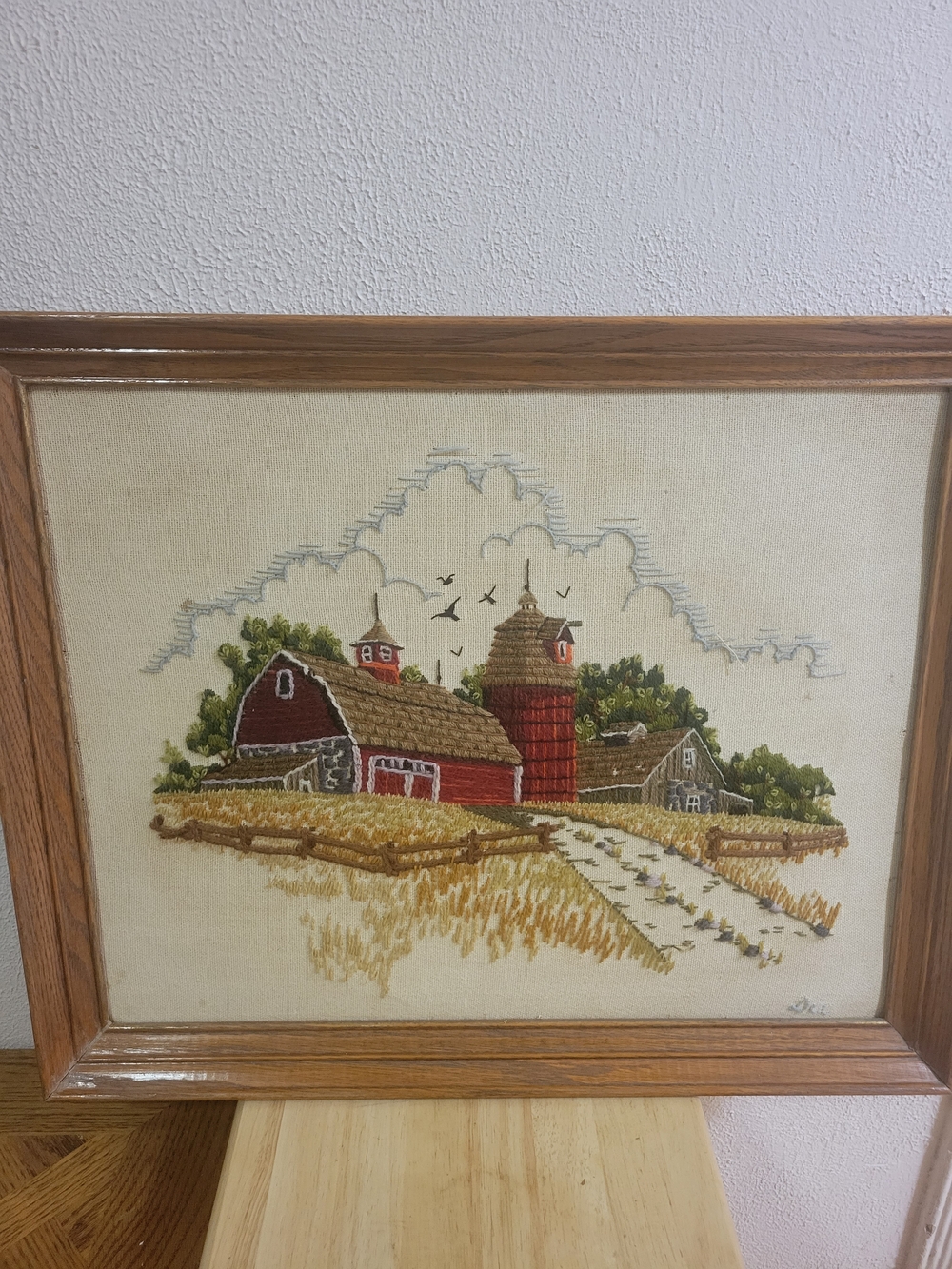 Framed Red Barn Embroidery Wall Art